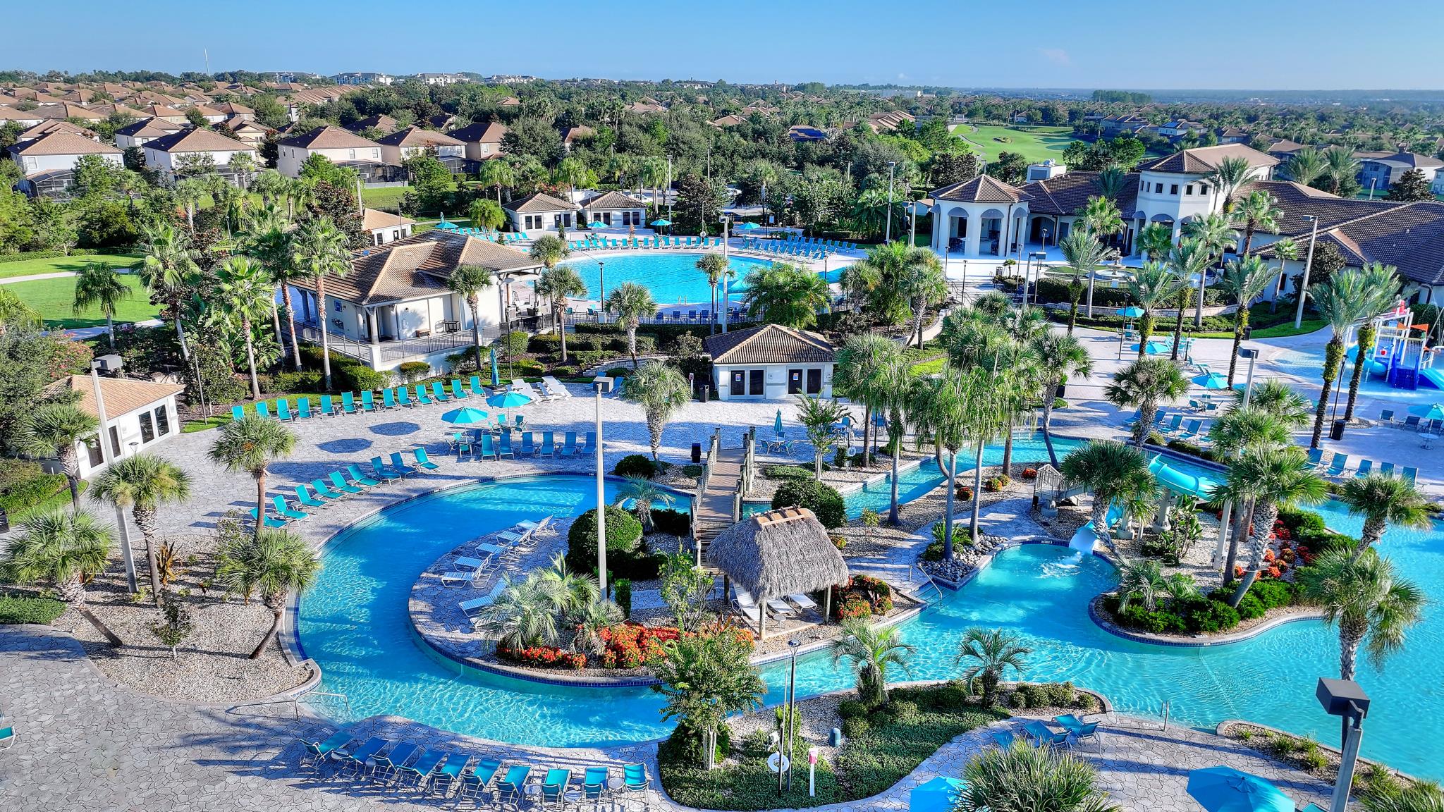 Aerial view of the winding lazy river at the Oasis Club